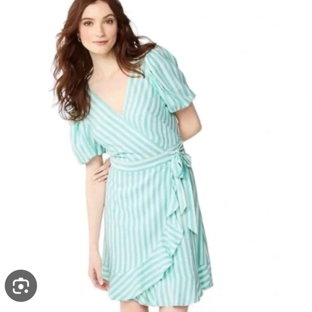 Draper James Aqua Striped Small Wrap Dress Linen Blend